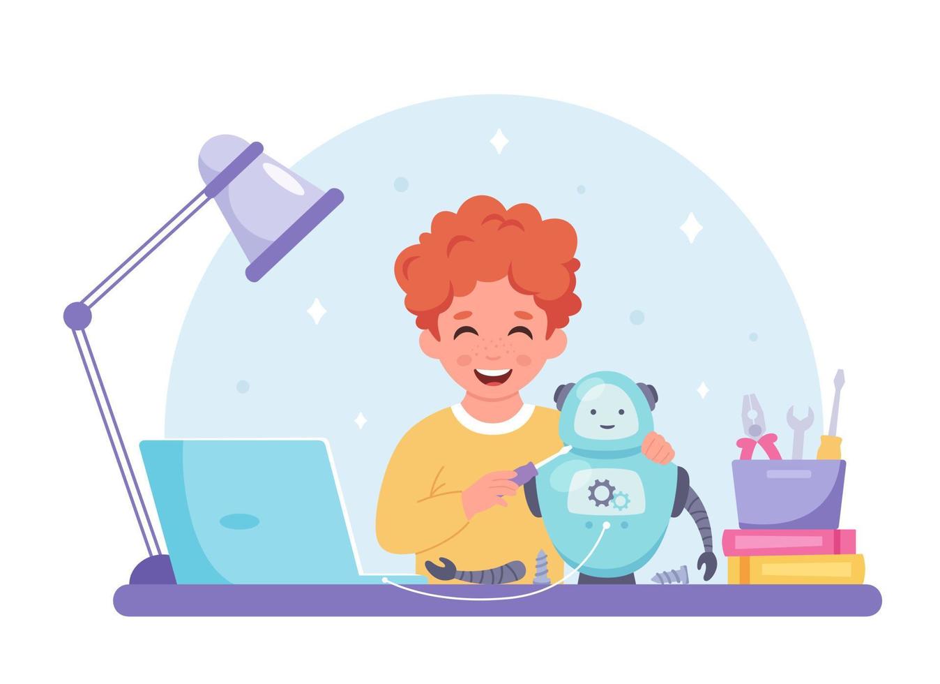 Little boy creating a robot. Robotics, programming and engineering for kids. vector