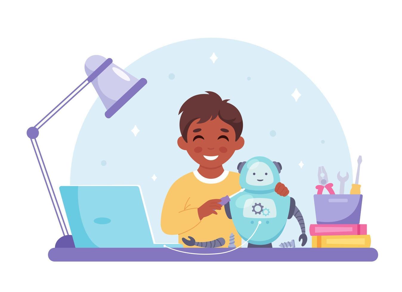 Little boy creating a robot. Robotics, programming and engineering for kids vector