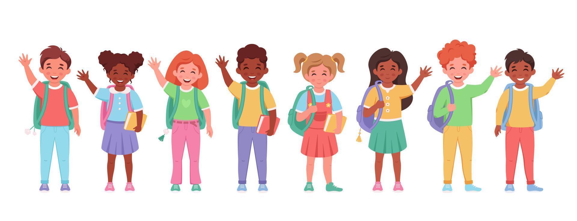 Children of different nationalities with backpacks and books. Kids going to school vector