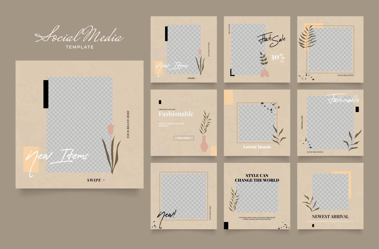 social media template multipurpose blog promotion. fully editable square post frame organic sale poster. beige brown khaki ad banner vector background