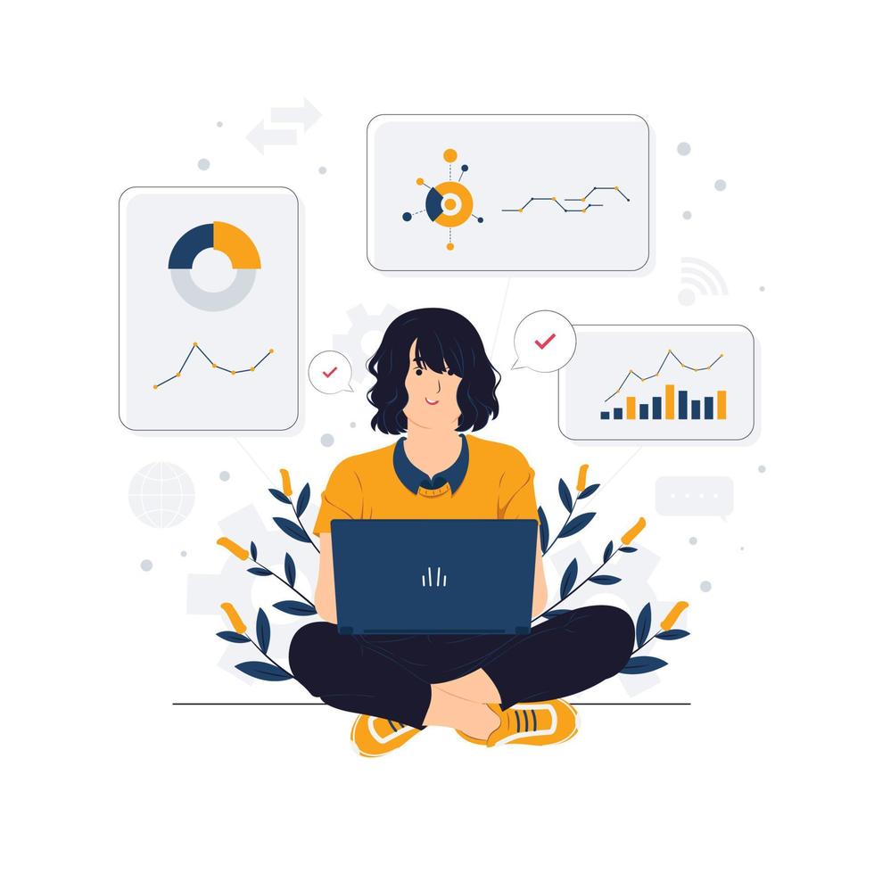 mujer de negocios con plan de negocios, análisis de datos, puesta en marcha, desarrollo, optimización de seo, programación y análisis de gráficos de crecimiento ilustraciones del concepto vector