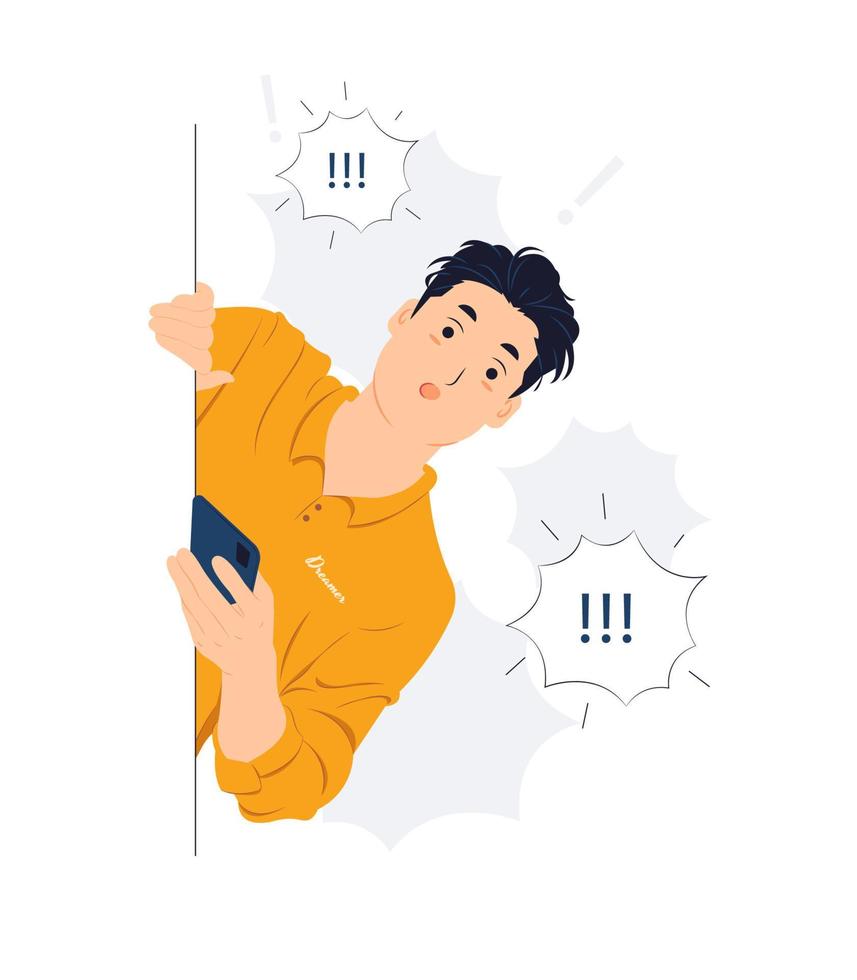 Man holding phone and peeking behind the wall while startled, shocked, Surprised, curiosity, listening, discovery and Pay attention concept illustration vector