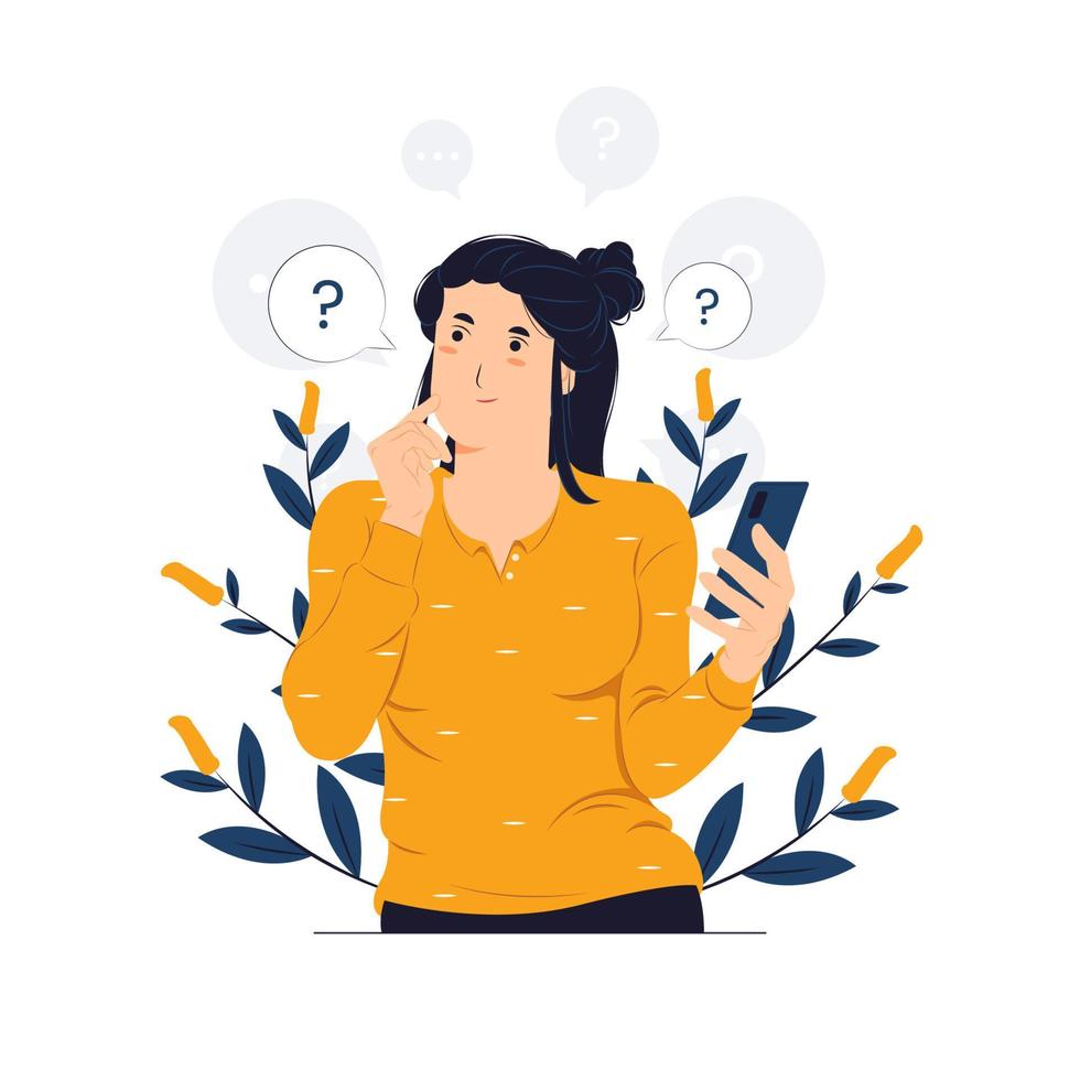 Woman holding phone with questioned, thinking, and confused with question mark looking up with thoughtful focused expression concept illustration vector