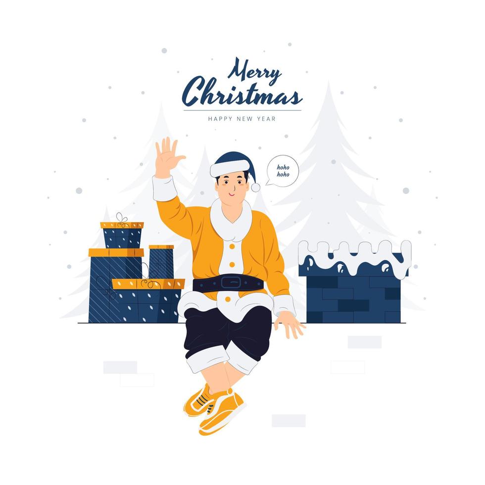 Hombre disfrazado de Papá Noel con regalos de Navidad en la chimenea, trineo y feliz año nuevo concepto ilustración vector