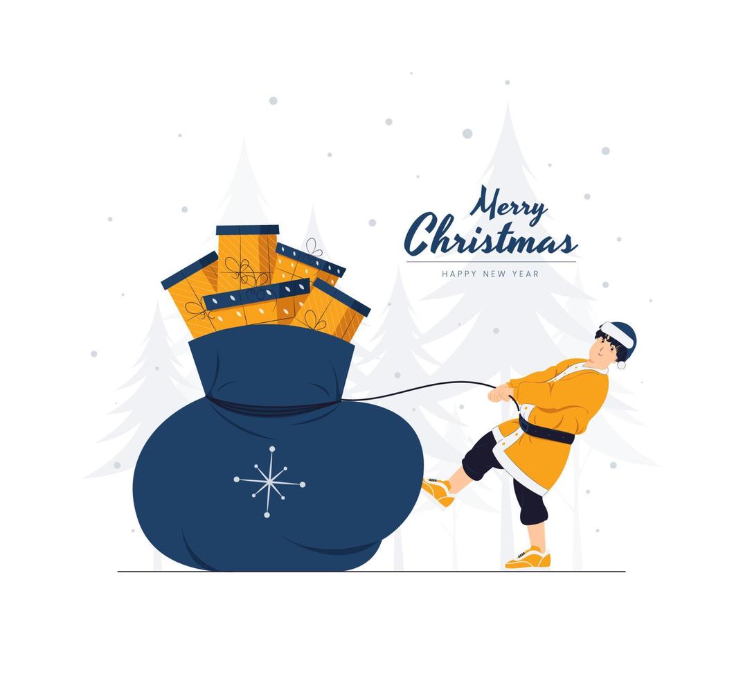 Hombre disfrazado de Papá Noel con regalos de Navidad en la bolsa, trineo y feliz año nuevo concepto ilustración vector