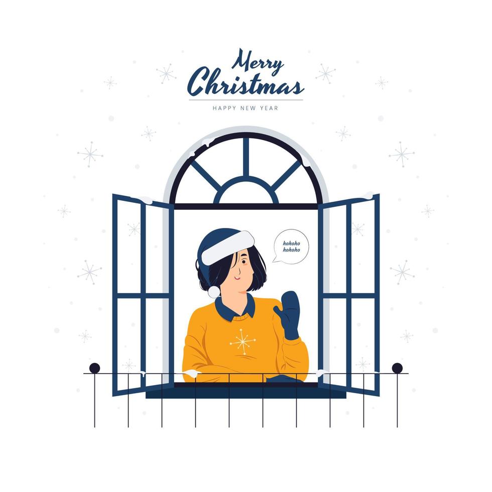 Mujer en ropa de invierno y gorro de Papá Noel en el balcón de la casa, Navidad, Ilustración del concepto de año nuevo vector