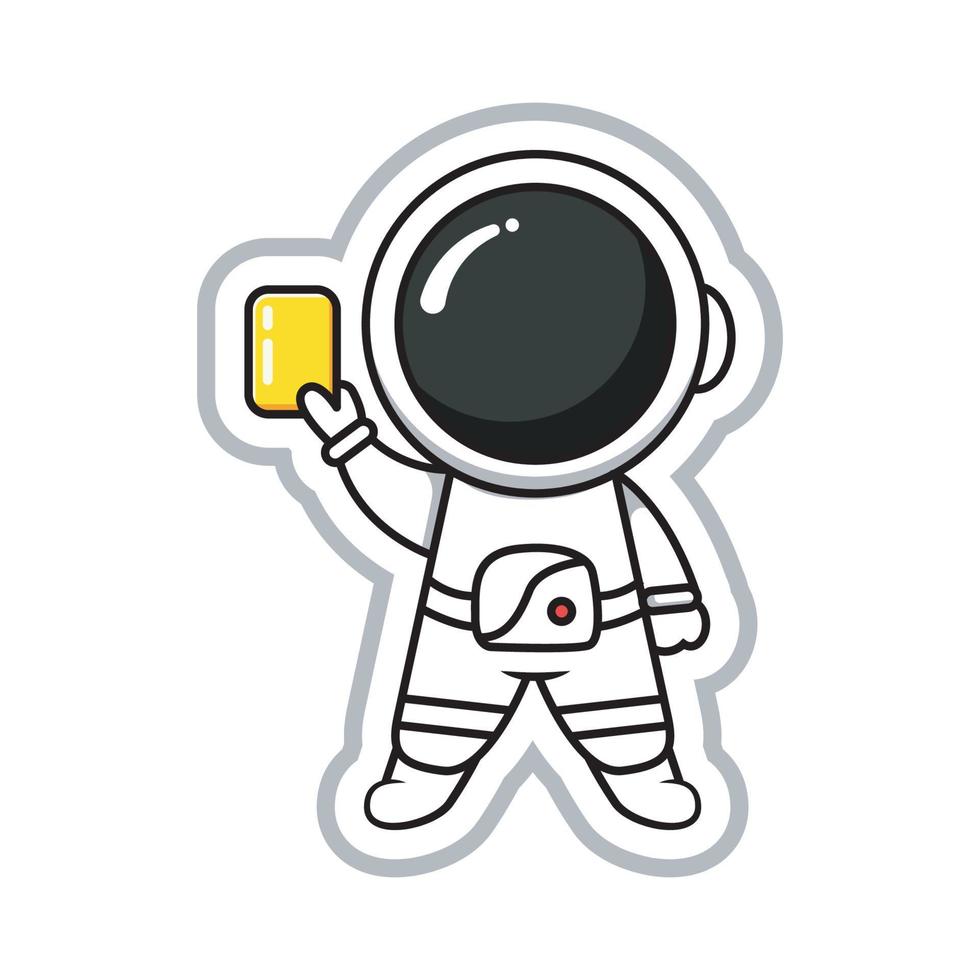 Ilustración de vector de etiqueta de estilo astronauta con diseño de personaje lindo de tarjeta amarilla