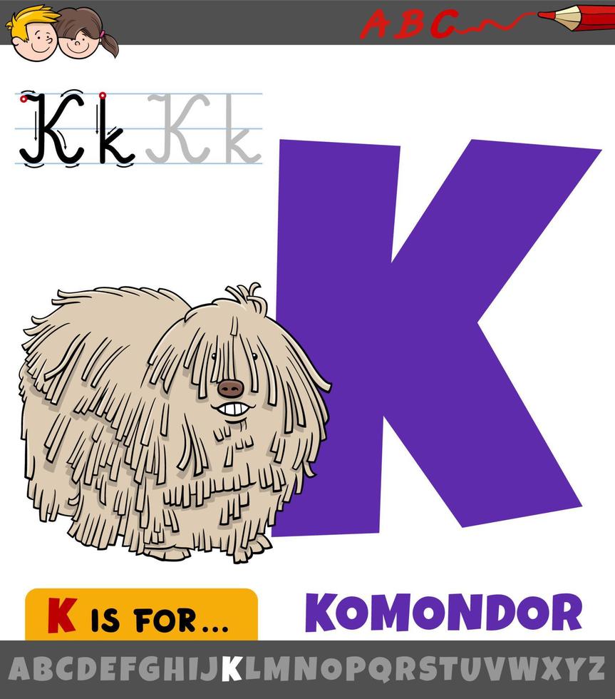 Letra k del alfabeto con perro de raza komondor de dibujos animados vector