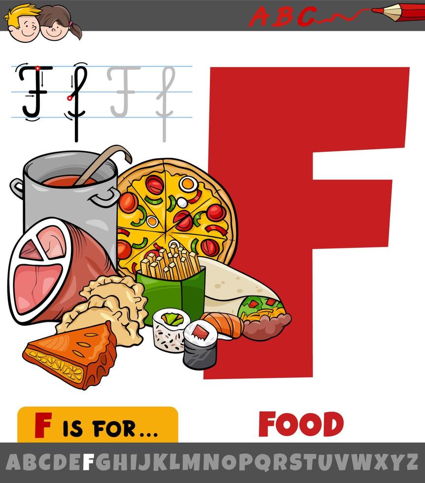 letter F from alphabet with food word vector