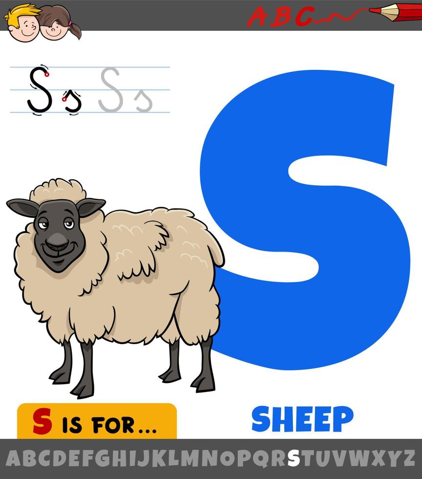 letter S worksheet with cartoon sheep farm animal character vector
