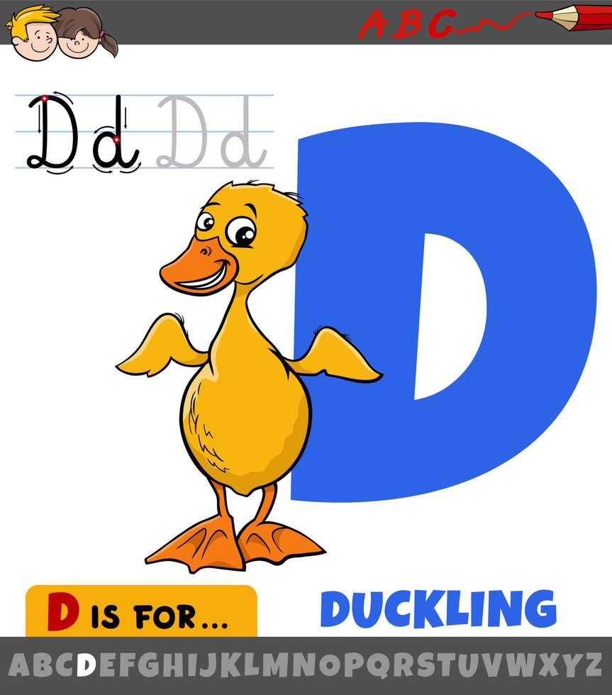letter D from alphabet with cartoon duckling animal character vector