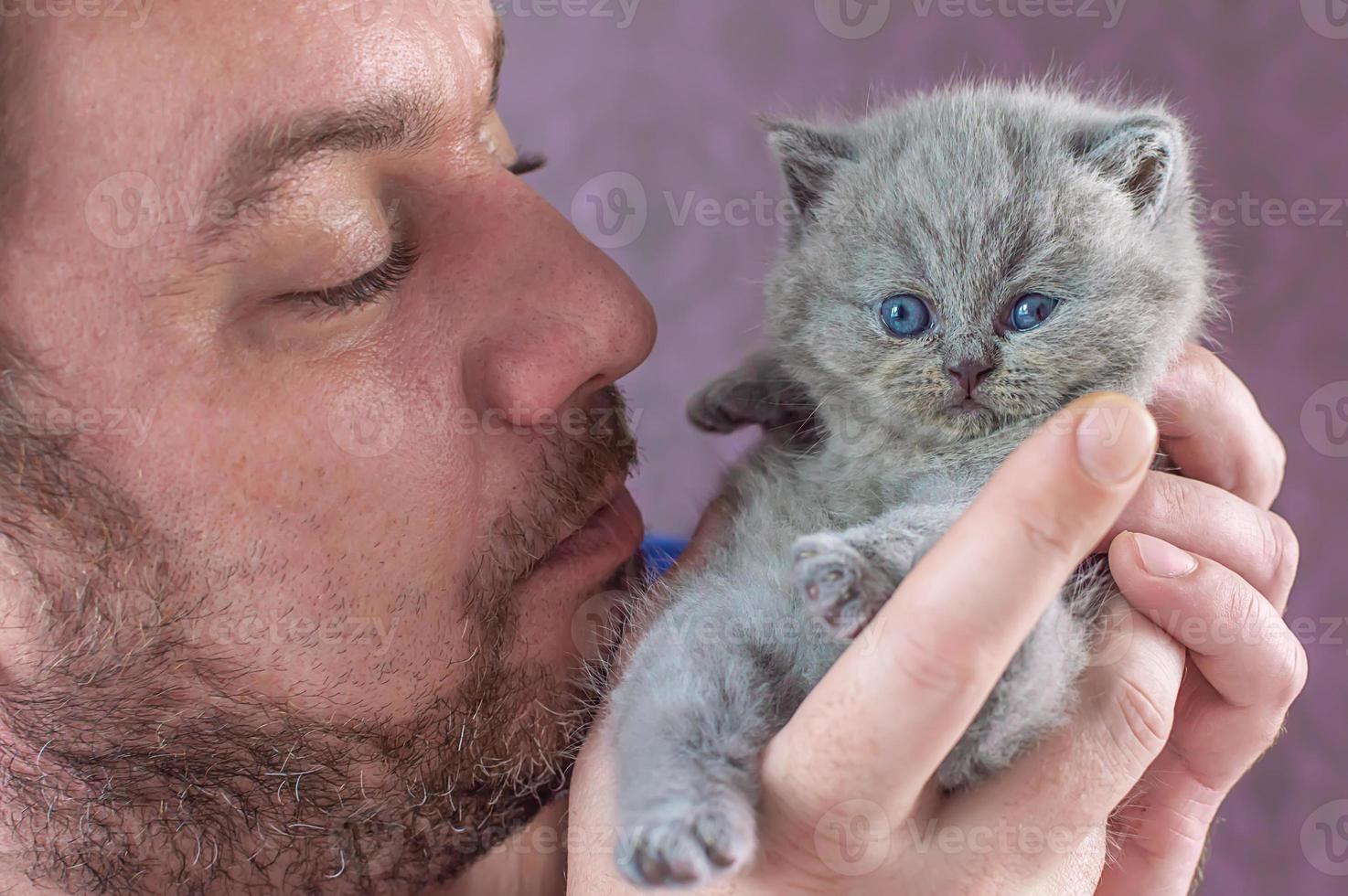 the bearded man embraces a little kitten photo