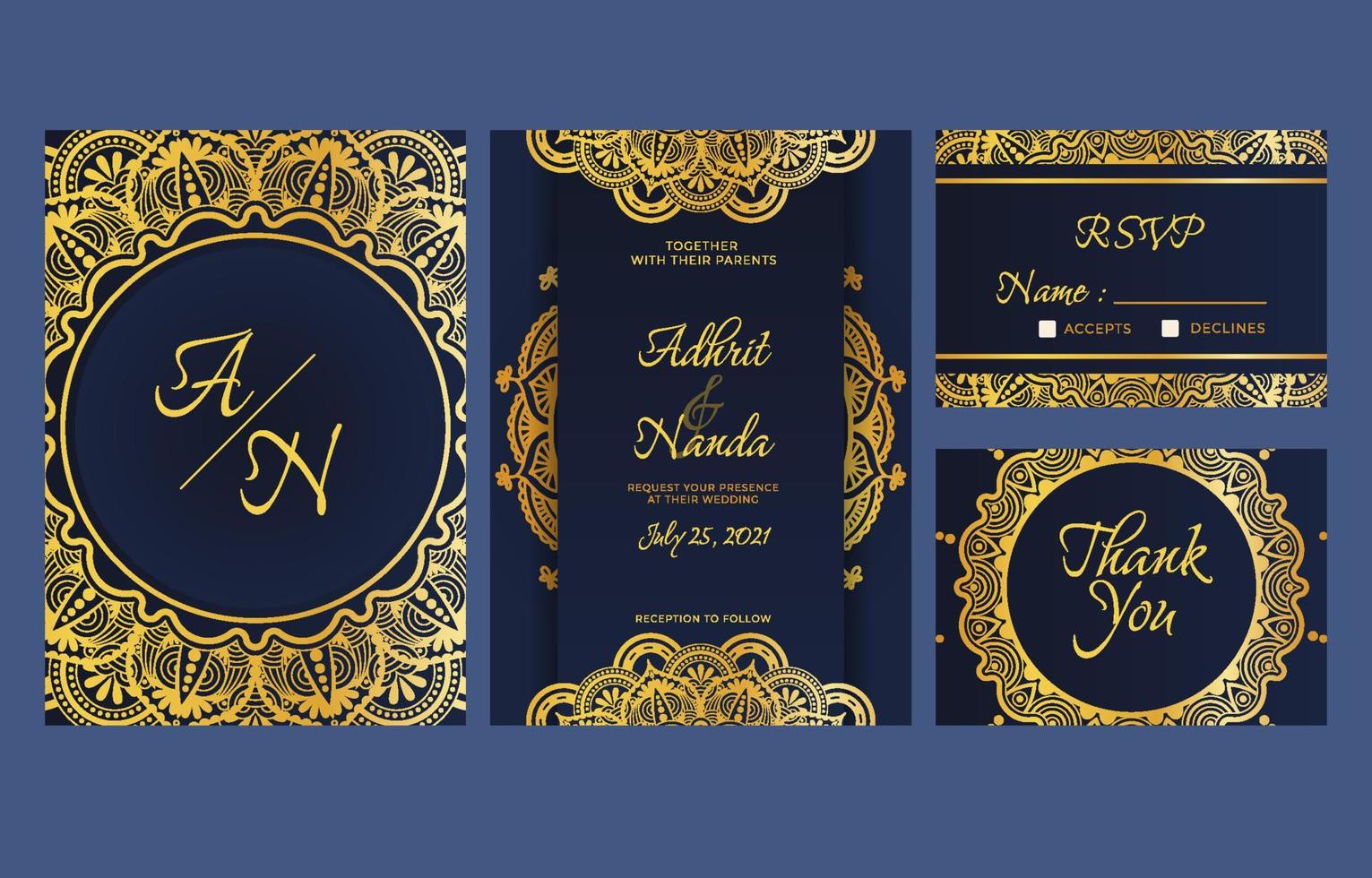 conjunto de invitación de boda india mandala de oro vector