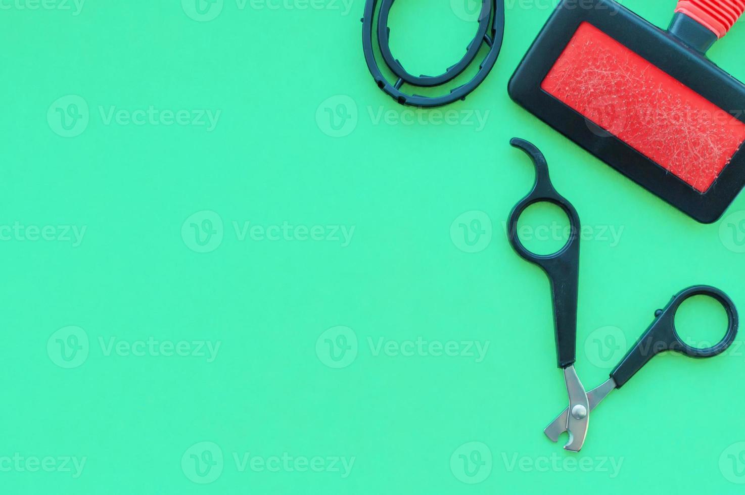 Grooming tools on a green background. Comb, scissors, collar. The view from the top photo