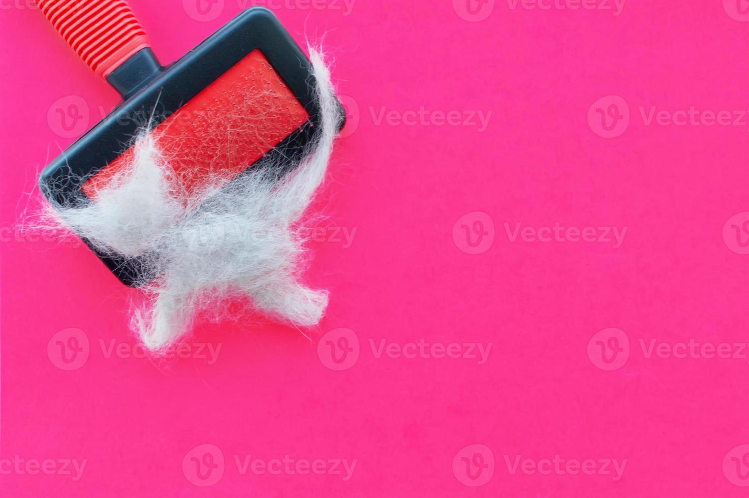 A comb after grooming a cat and a piece of cat hair in the shape of a cat on a pink background. The view from the top. photo