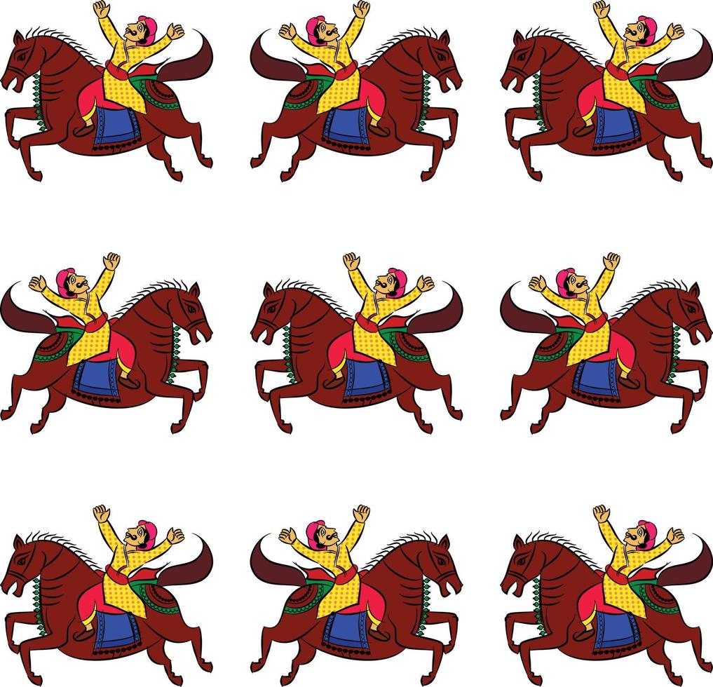 Worrier dibujó en estilo ganjfa. ganjifa es un juego de cartas tradicional que, durante un período de tiempo, se ha convertido en una forma de arte. arte popular de la india impresión textil, logotipo, papel tapiz vector