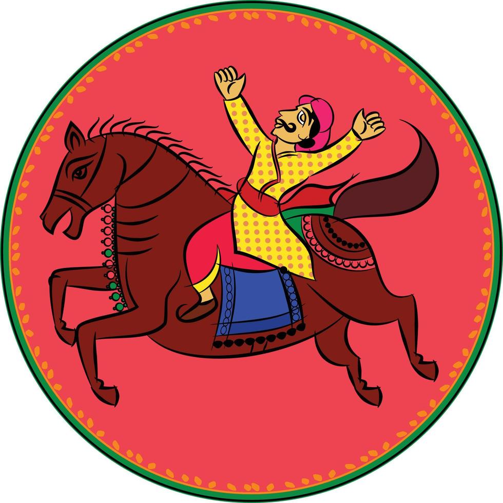 worrier drew in Ganjfa style. Ganjifa is a traditional game of cards that has over a period of time, evolved into an art form. folk art from India textile printing, logo, wallpaper vector