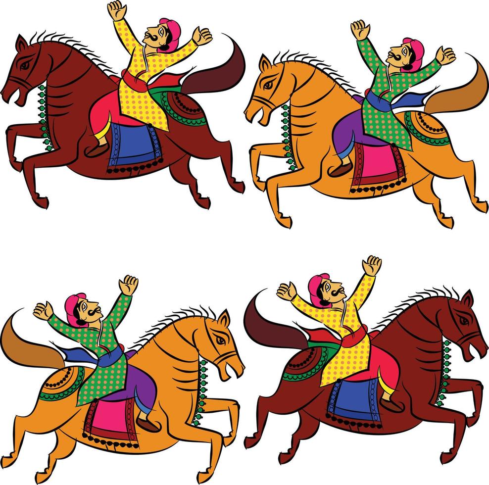 worrier drew in Ganjfa style. Ganjifa is a traditional game of cards that has over a period of time, evolved into an art form. folk art from India textile printing, logo, wallpaper vector