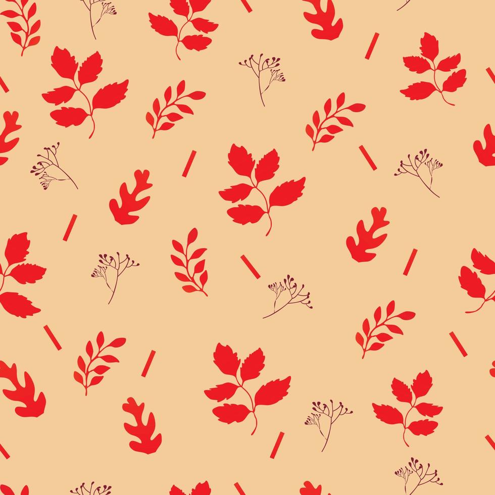 Seamless pattern with rowan branches and autumn leaves in red-pink colors. vector