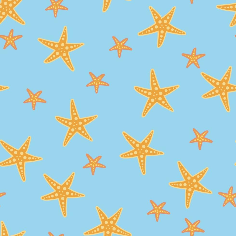 Patrón sin fisuras de estrellas de mar dispersas estrellas amarillas sobre un fondo de textura azul claro. vector