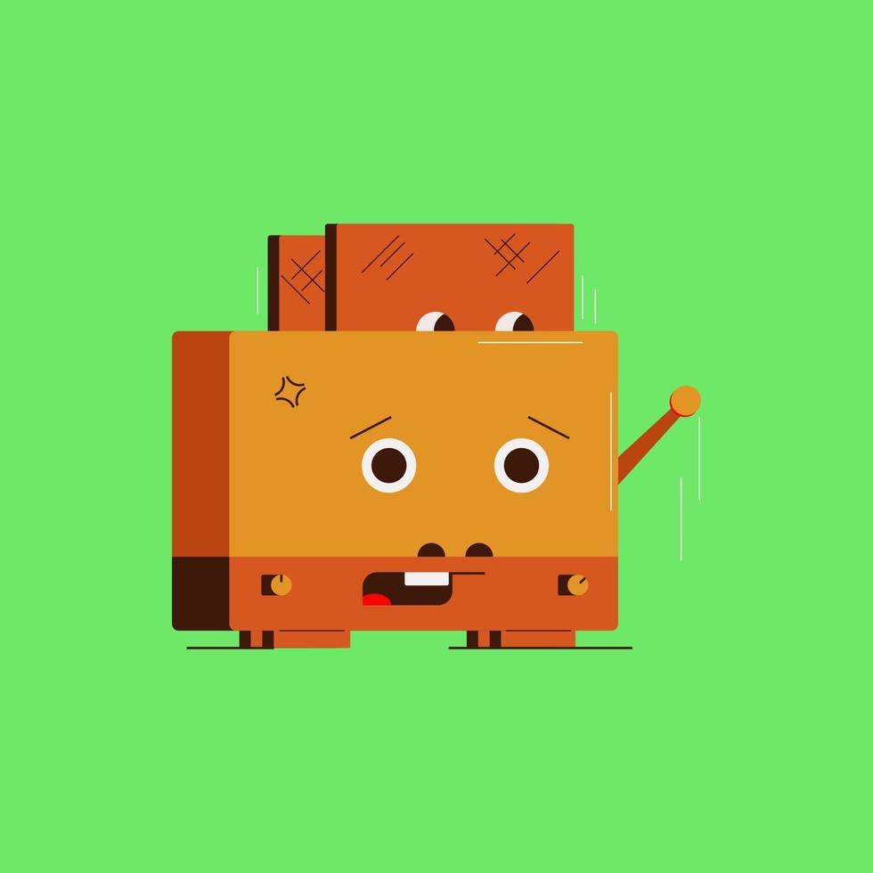 PrintElectric toaster, orange color on a green background.Bread toasting in a toaster, Cartoon toaster with eyes.Electric toaster with a slice of toasted bread,Funny toasts,Kitchen accessories vector