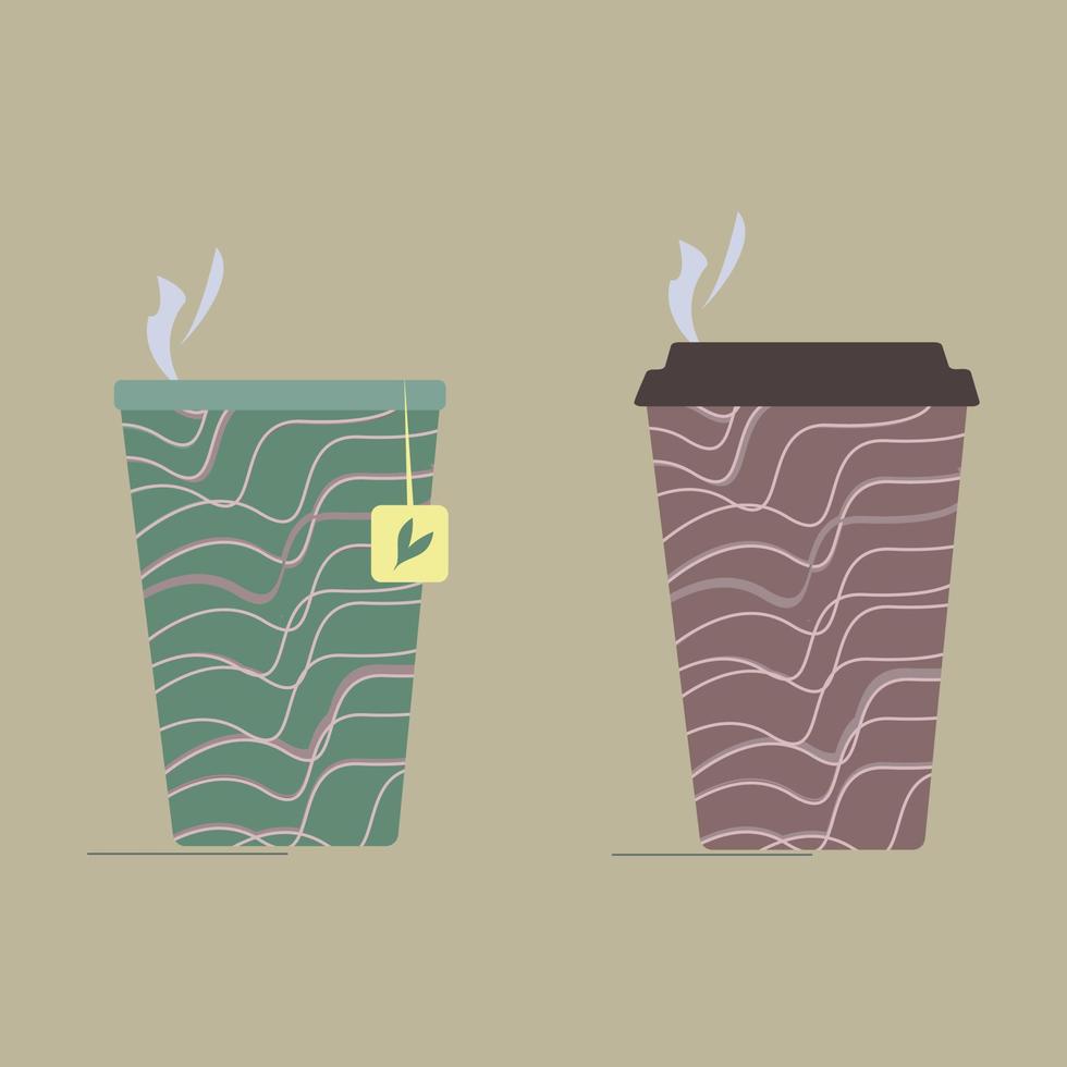 juego de vasos de papel con café y té. vector