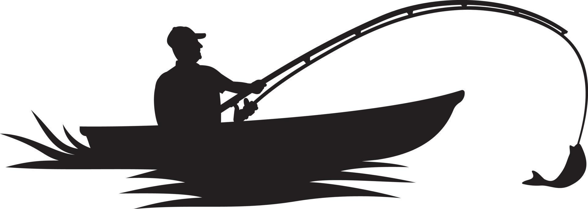 pescador, en, barco, silueta vector