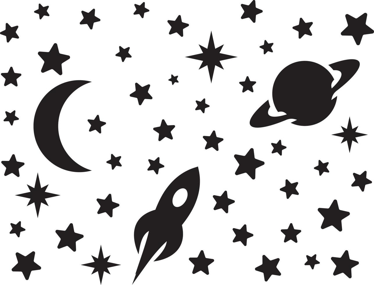 estrellas, luna, planetas y silueta de cohete. vector