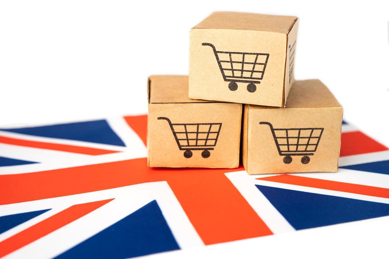 Box with shopping cart logo and United Kingdom flag, Import Export Shopping online or eCommerce finance delivery service store product shipping, trade, supplier concept. photo