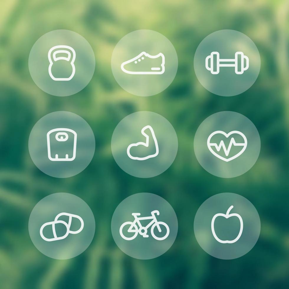 fitness iconos de líneas gruesas, estilo de vida saludable iconos transparentes redondos, entrenamiento, entrenamiento, icono lineal de bíceps, ilustración vectorial vector