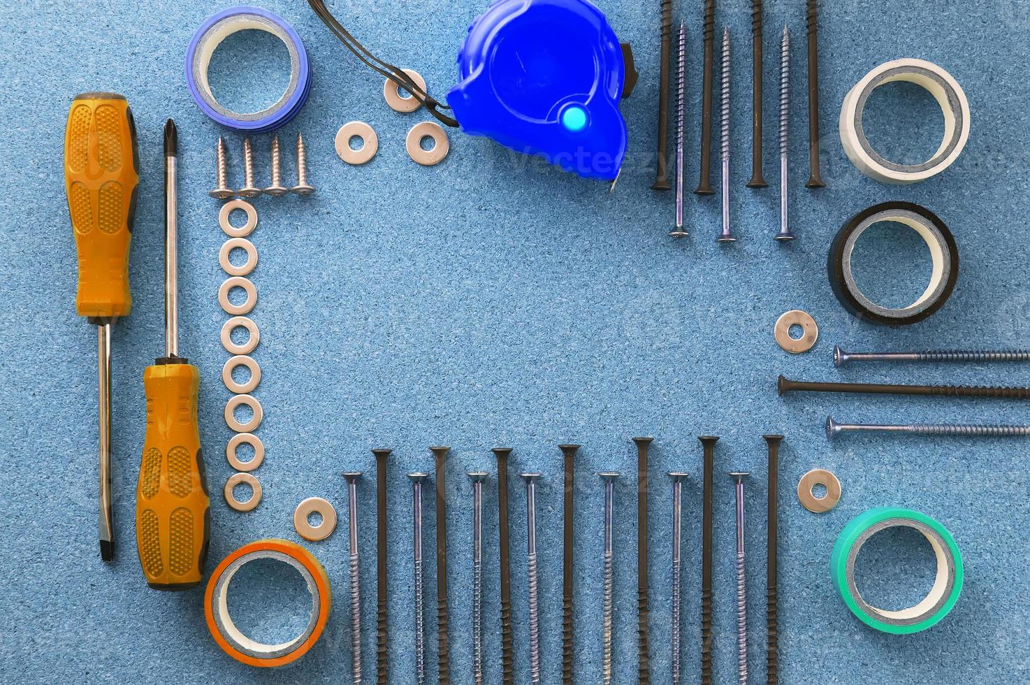 Men's work. The repair tools are on the table. The concept of housework, workshop. photo