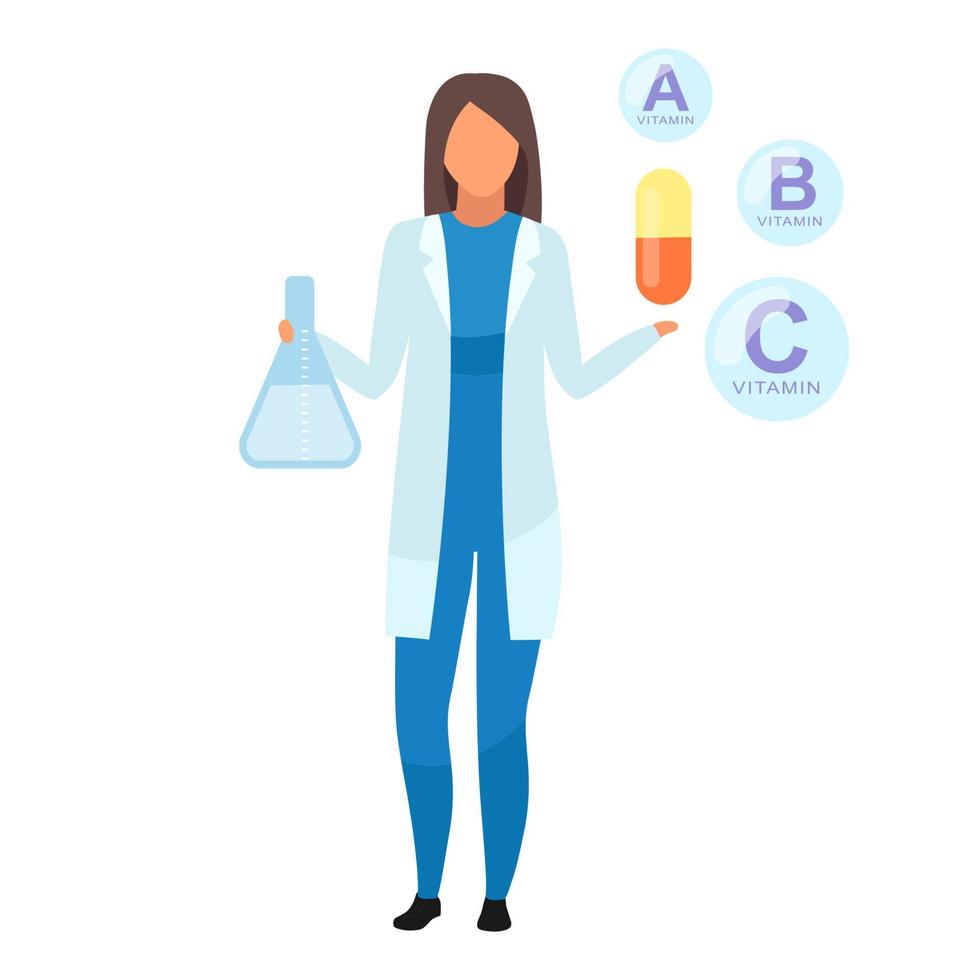 Synthetic vitamins consumption flat vector illustration. Female pharmacologist explaining food supplement formula isolated cartoon character on white background. Lab worker holding beaker