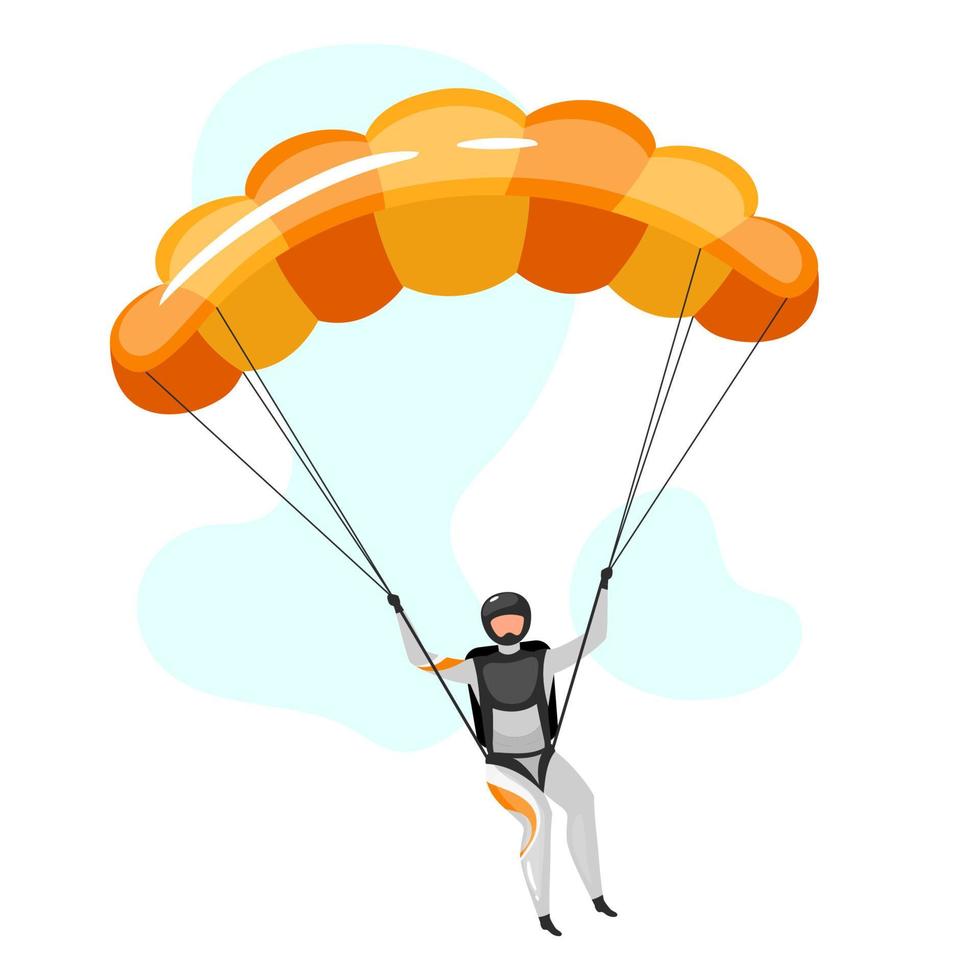 Ilustración de vector plano de paracaidismo. paracaidismo, experiencia en parapente. Deportes extremos. Estilo de vida activo. actividades al aire libre. deportista con paracaídas personaje de dibujos animados aislado sobre fondo azul