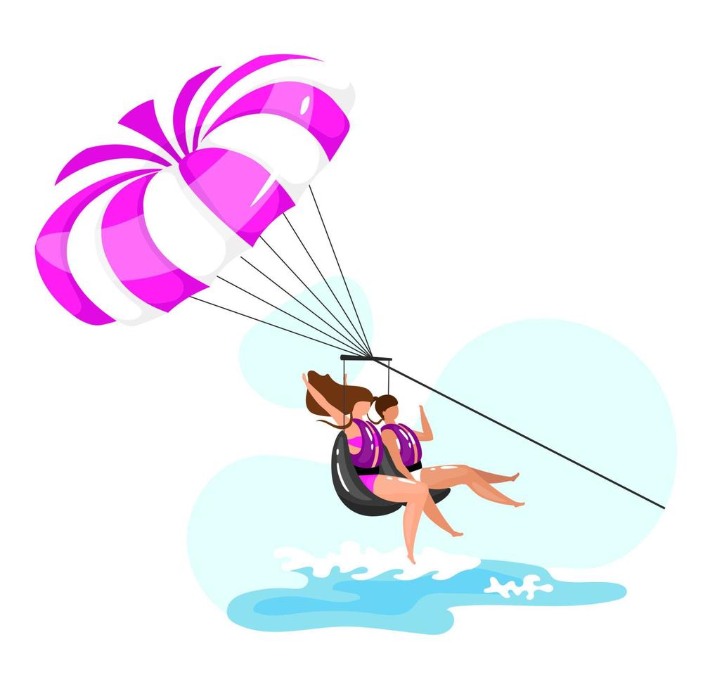 Parasailing flat vector illustration. Extreme sports experience. Active lifestyle. Summer vacation fun activities. Ocean turquoise waves. Couple isolated cartoon character on blue background