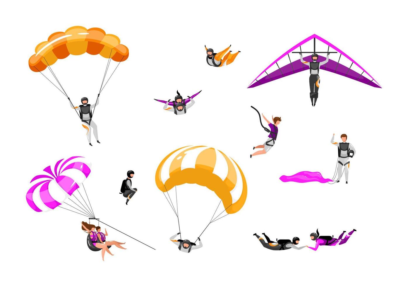 Extreme air sport flat vector illustrations set. Couple paragliding, skydiving, parasailing. Parachuting, hang gliding. Tandem freefalling, safe landing. Outdoor activity isolated cartoon characters