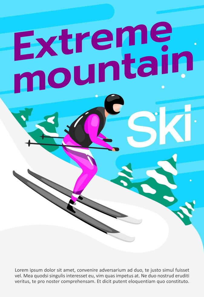 Extreme mountain ski poster vector template. Winter sport. Brochure, cover, booklet page concept design with flat illustrations. Downhill skiing. Advertising flyer, leaflet, banner layout idea