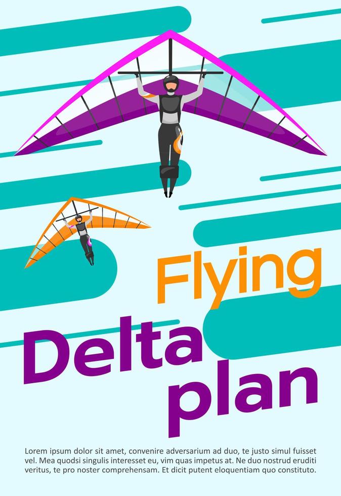 plantilla de vector de cartel de plan delta volador. paracaidismo, ala delta. folleto, portada, diseño de concepto de página de folleto con ilustraciones planas. deporte extremo. folleto publicitario, folleto, idea de diseño de banner.