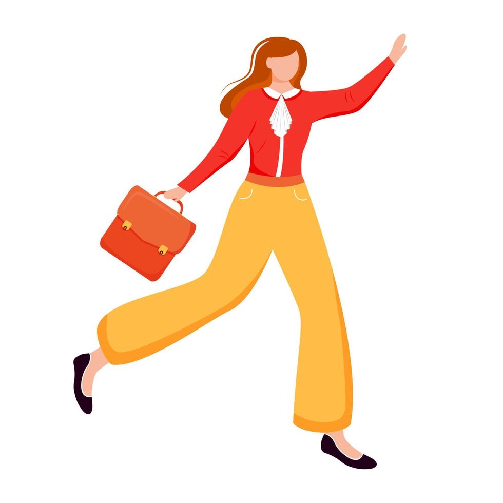 Office worker flat vector illustration. Employee going to workplace, meeting. Elegant businesswoman. Woman in formal clothes with briefcase isolated faceless cartoon character on white background