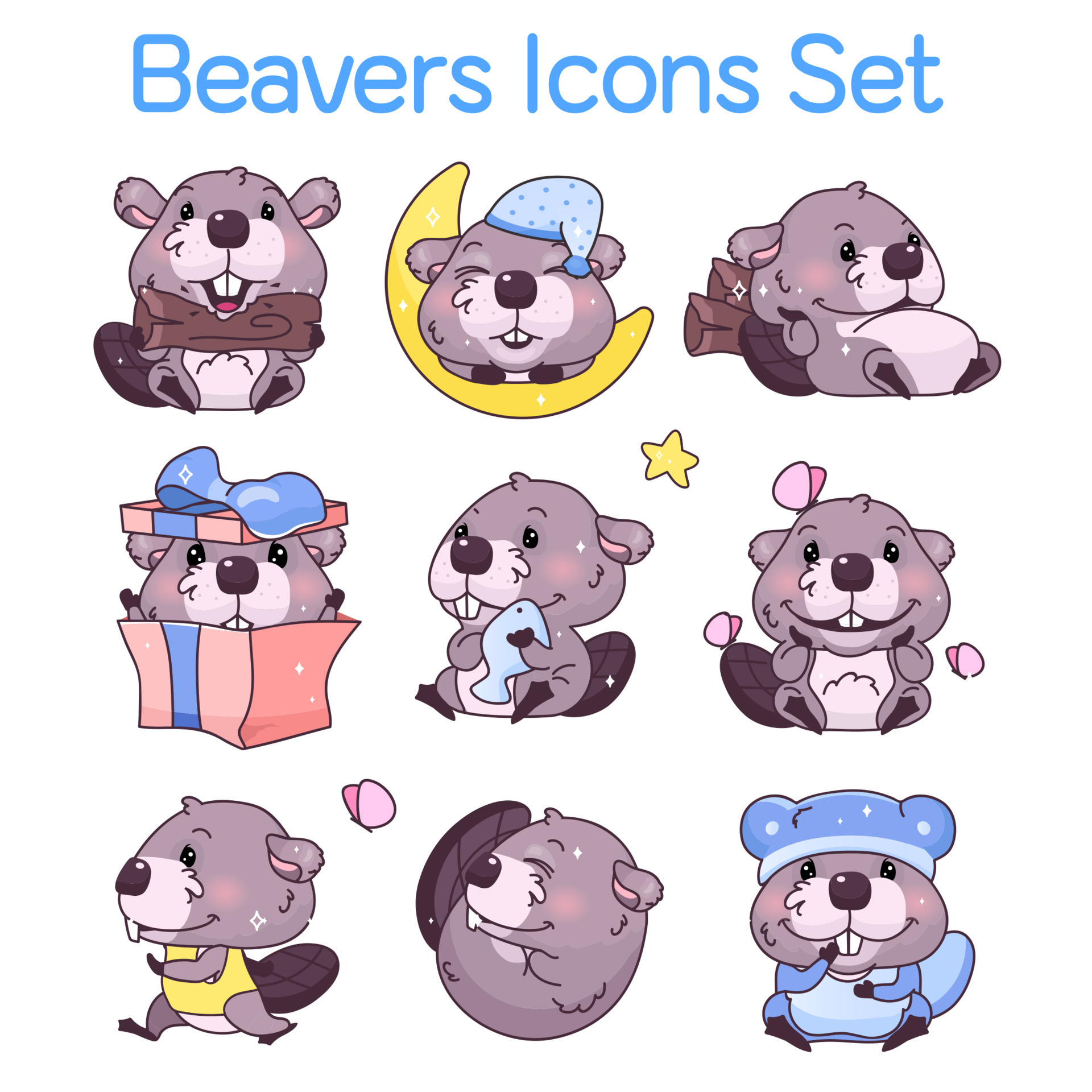 Cute beavers kawaii cartoon characters icons set. Adorable, happy and funny  animal in different poses, emotions isolated sticker, patch. Anime baby  Stock Vector Image & Art - Alamy