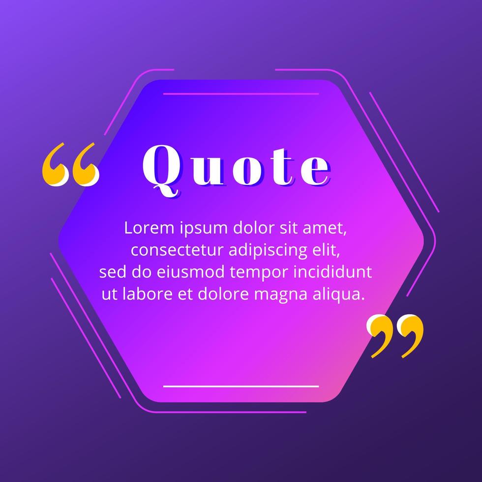 Quote blank frame vector template. Blue and purple gradient speech bubble. Quotation, citation text box design. Hexagon with rounded edges empty textbox background for message, comment, note