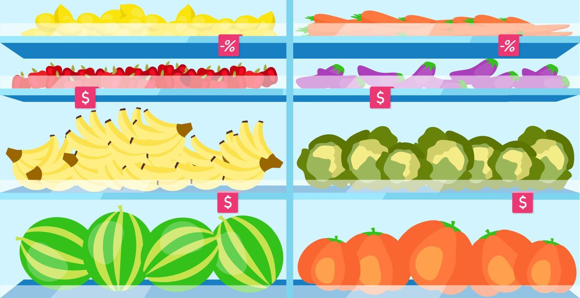 Supermarket shelves with fruits flat vector illustration. Farmers market, shop interior with fruits and vegetables. Healthy dieting, seasonal food. Vegetarian food in grocery store