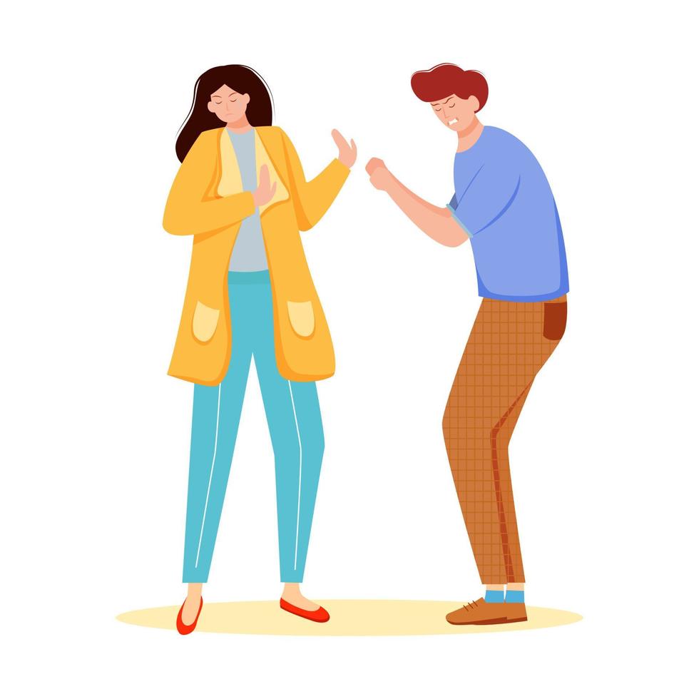 Trouble relationship flat vector illustration. Family conflict. Married couple dispute. Husband and wife quarrel. Boyfriend and girlfriend arguing isolated cartoon character on white background
