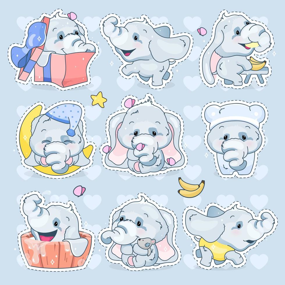 Conjunto de personajes de vector de dibujos animados lindo elefantes kawaii. adorable y divertido animal diferentes poses y emociones pegatina aislada, parche. anime, bebé, niño, elefantes, emoji, en, fondo azul