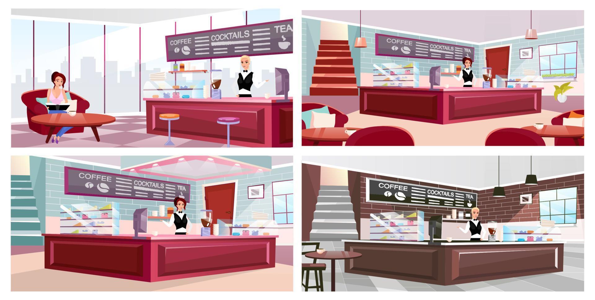Cafe interior flat vector illustrations set. Coffeehouse visitor and barista at work cartoon characters. Trendy wooden furniture, vintage brick walls with panoramic windows. Professional bar equipment