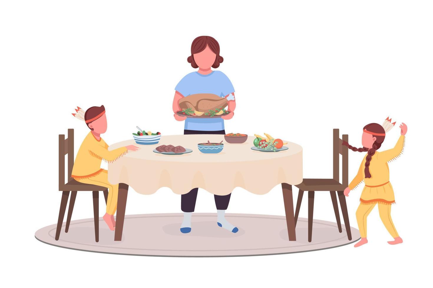 Family on thanksgiving semi flat color vector characters