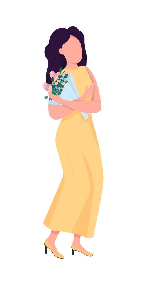 Woman in dress with bouquet semi flat color vector character