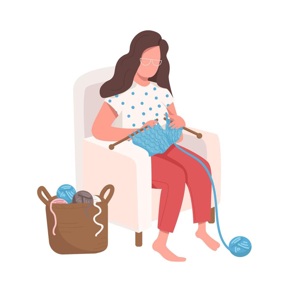 Girl sits knitting semi flat color vector character