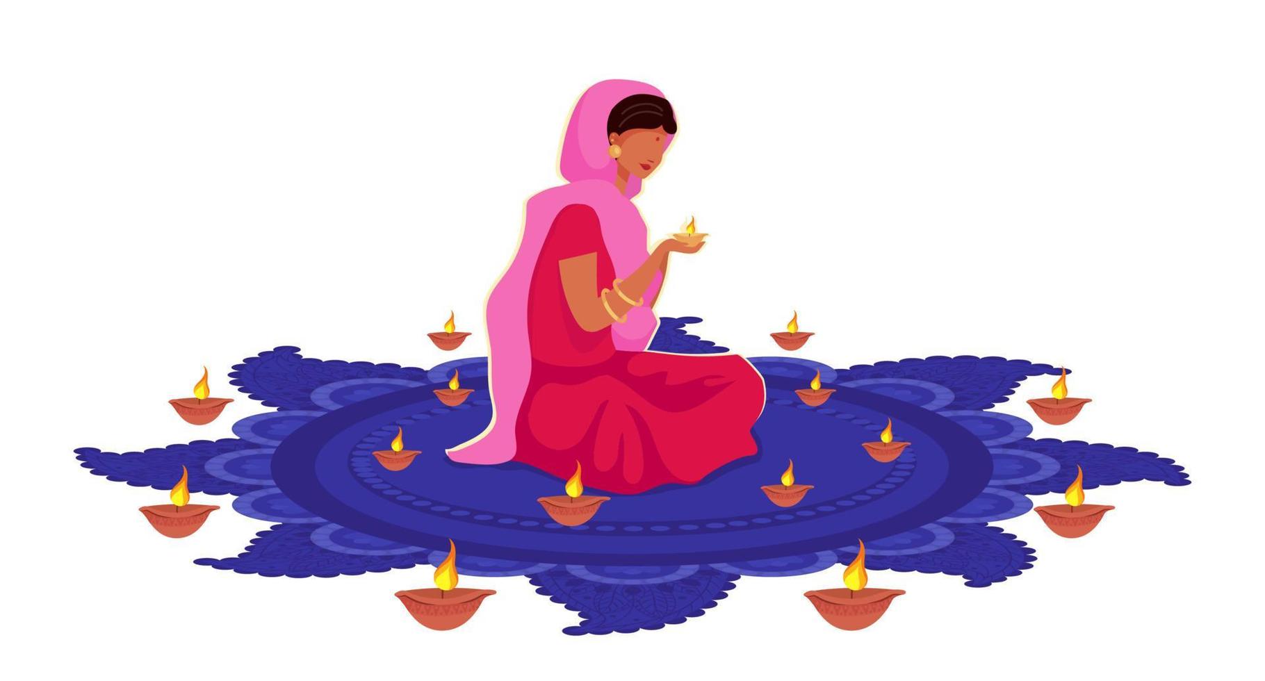 Girl praying on Diwali semi flat color vector character