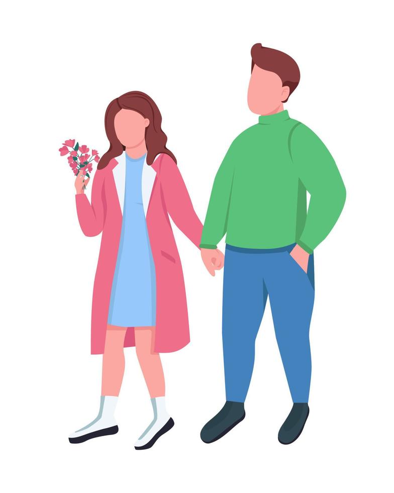 Couple on spring walk semi flat color vector characters