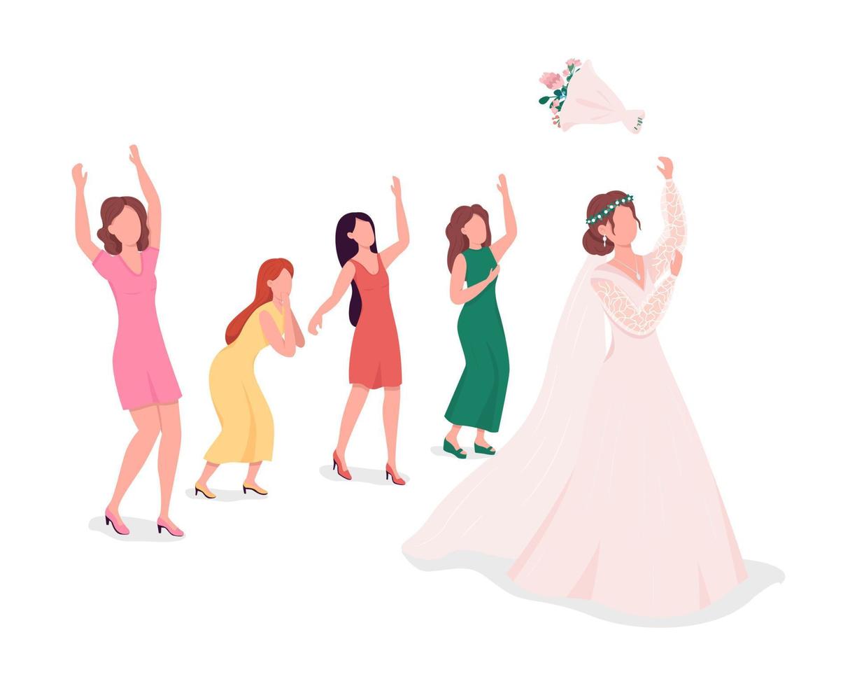 Bride throwing flowers to bridesmaids semi flat color vector characters